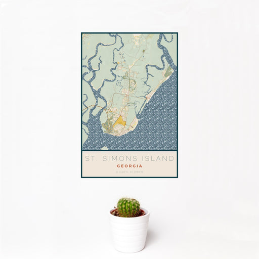12x18 St. Simons Island Georgia Map Print Portrait Orientation in Woodblock Style With Small Cactus Plant in White Planter