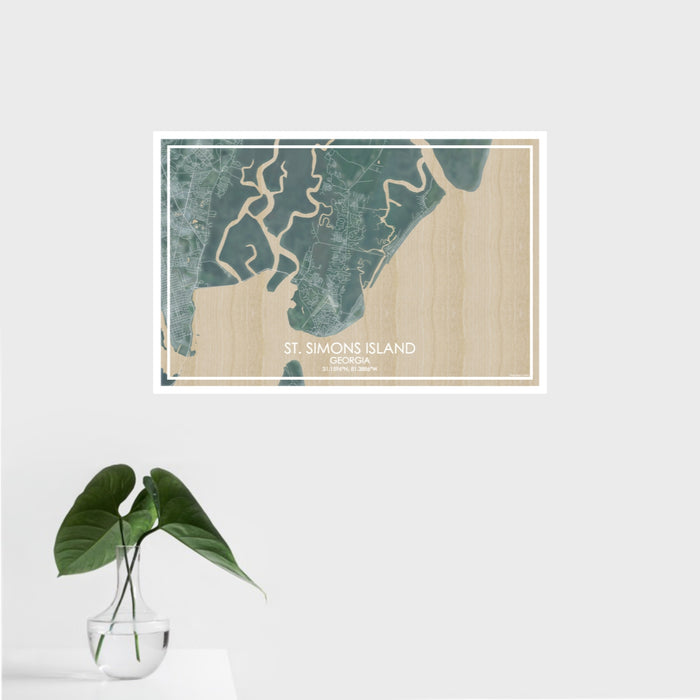16x24 St. Simons Island Georgia Map Print Landscape Orientation in Afternoon Style With Tropical Plant Leaves in Water