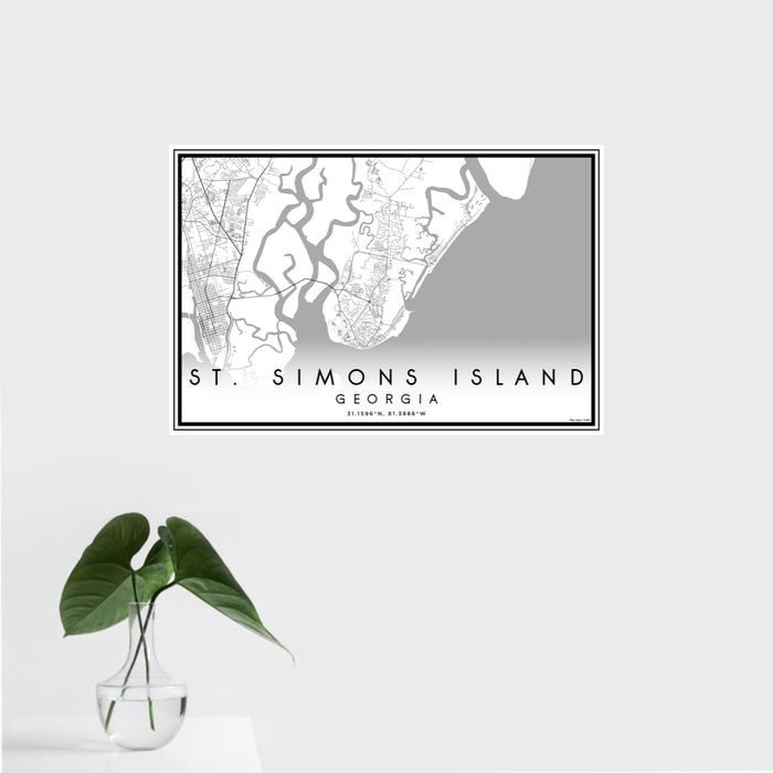 16x24 St. Simons Island Georgia Map Print Landscape Orientation in Classic Style With Tropical Plant Leaves in Water