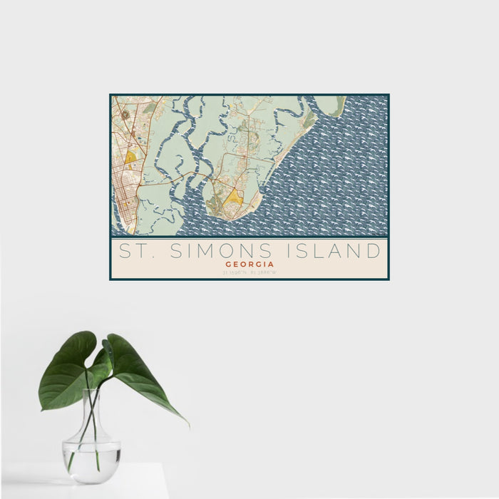 16x24 St. Simons Island Georgia Map Print Landscape Orientation in Woodblock Style With Tropical Plant Leaves in Water