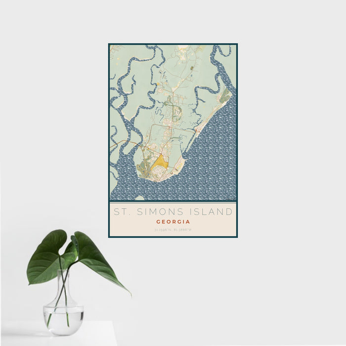 16x24 St. Simons Island Georgia Map Print Portrait Orientation in Woodblock Style With Tropical Plant Leaves in Water
