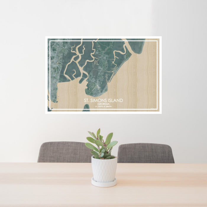 24x36 St. Simons Island Georgia Map Print Lanscape Orientation in Afternoon Style Behind 2 Chairs Table and Potted Plant