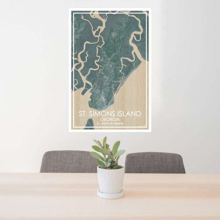 24x36 St. Simons Island Georgia Map Print Portrait Orientation in Afternoon Style Behind 2 Chairs Table and Potted Plant