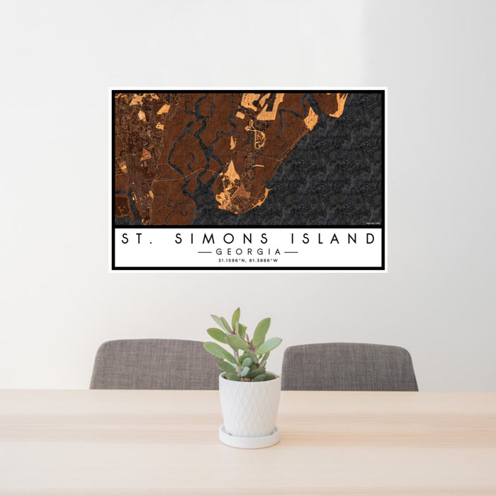 24x36 St. Simons Island Georgia Map Print Lanscape Orientation in Ember Style Behind 2 Chairs Table and Potted Plant