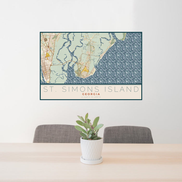 24x36 St. Simons Island Georgia Map Print Lanscape Orientation in Woodblock Style Behind 2 Chairs Table and Potted Plant