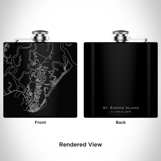 Rendered View of St. Simons Island Georgia Map Engraving on 6oz Stainless Steel Flask in Black