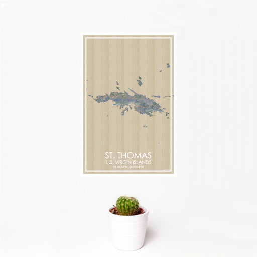 12x18 St. Thomas U.S. Virgin Islands Map Print Portrait Orientation in Afternoon Style With Small Cactus Plant in White Planter