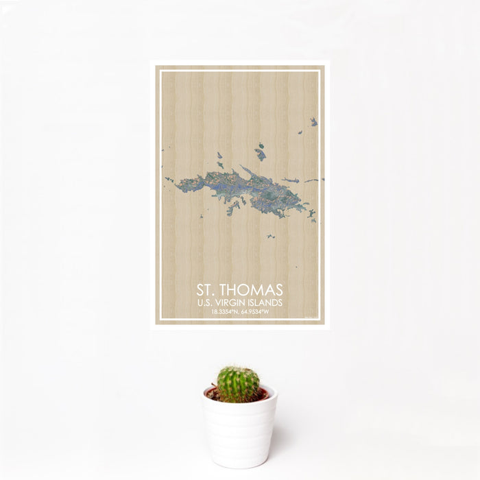 12x18 St. Thomas U.S. Virgin Islands Map Print Portrait Orientation in Afternoon Style With Small Cactus Plant in White Planter