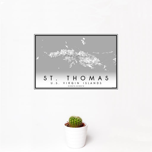 12x18 St. Thomas U.S. Virgin Islands Map Print Landscape Orientation in Classic Style With Small Cactus Plant in White Planter