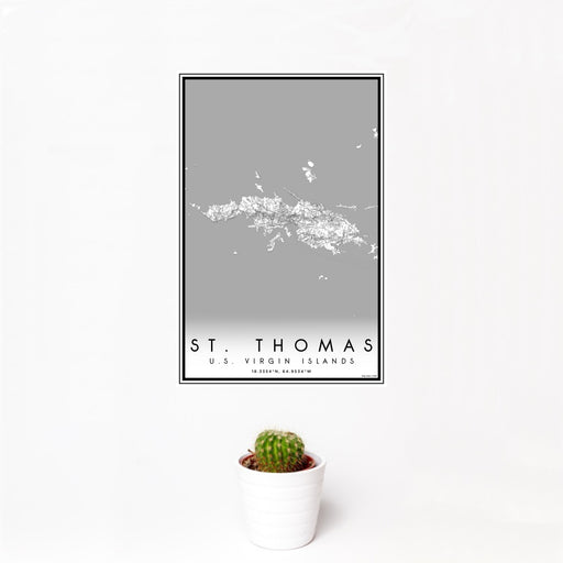 12x18 St. Thomas U.S. Virgin Islands Map Print Portrait Orientation in Classic Style With Small Cactus Plant in White Planter