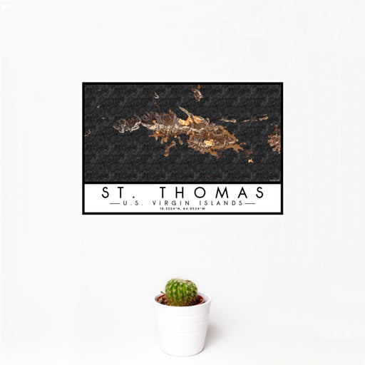 12x18 St. Thomas U.S. Virgin Islands Map Print Landscape Orientation in Ember Style With Small Cactus Plant in White Planter