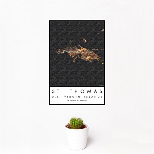 12x18 St. Thomas U.S. Virgin Islands Map Print Portrait Orientation in Ember Style With Small Cactus Plant in White Planter