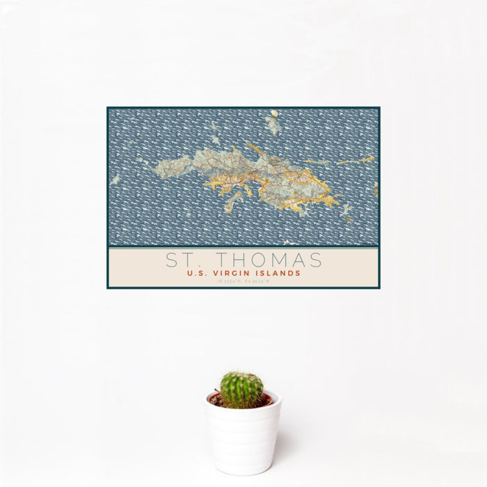 12x18 St. Thomas U.S. Virgin Islands Map Print Landscape Orientation in Woodblock Style With Small Cactus Plant in White Planter