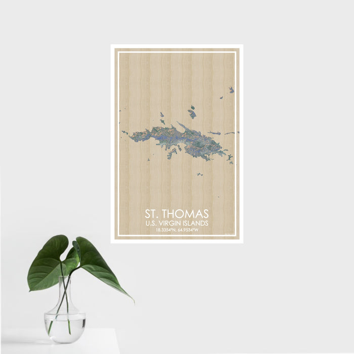 16x24 St. Thomas U.S. Virgin Islands Map Print Portrait Orientation in Afternoon Style With Tropical Plant Leaves in Water