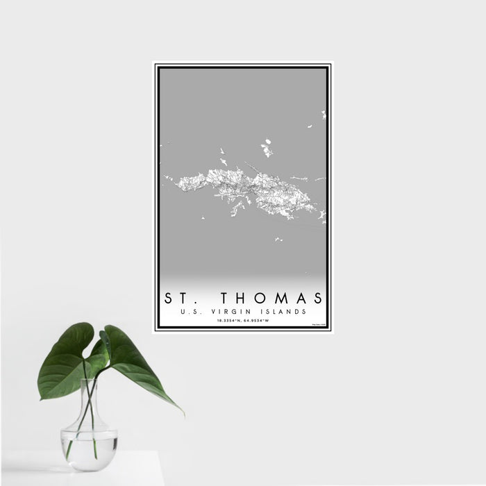 16x24 St. Thomas U.S. Virgin Islands Map Print Portrait Orientation in Classic Style With Tropical Plant Leaves in Water