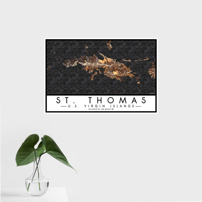 16x24 St. Thomas U.S. Virgin Islands Map Print Landscape Orientation in Ember Style With Tropical Plant Leaves in Water
