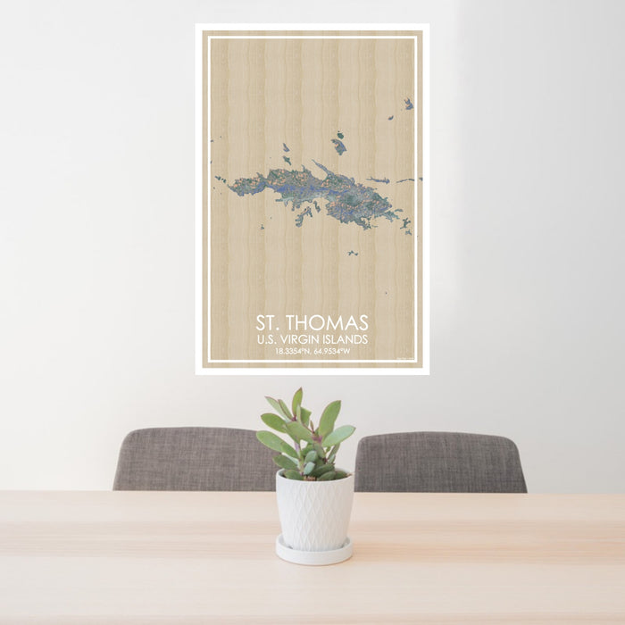 24x36 St. Thomas U.S. Virgin Islands Map Print Portrait Orientation in Afternoon Style Behind 2 Chairs Table and Potted Plant