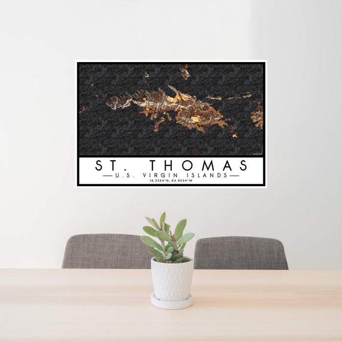 24x36 St. Thomas U.S. Virgin Islands Map Print Lanscape Orientation in Ember Style Behind 2 Chairs Table and Potted Plant