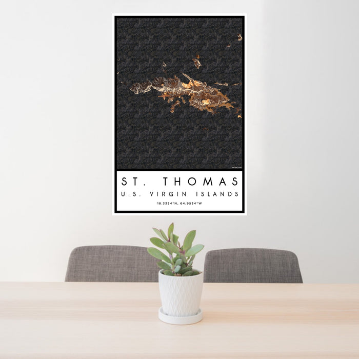 24x36 St. Thomas U.S. Virgin Islands Map Print Portrait Orientation in Ember Style Behind 2 Chairs Table and Potted Plant