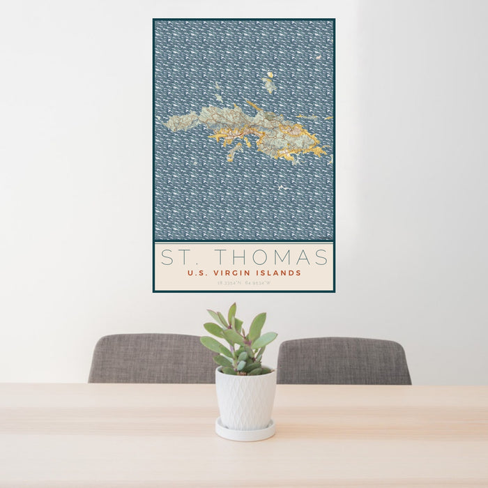 24x36 St. Thomas U.S. Virgin Islands Map Print Portrait Orientation in Woodblock Style Behind 2 Chairs Table and Potted Plant