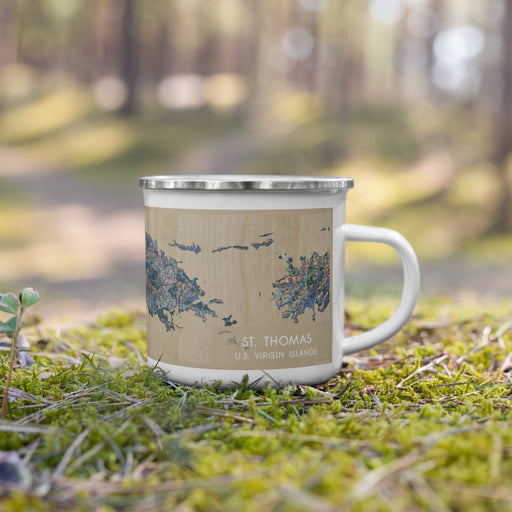 Right View Custom St. Thomas U.S. Virgin Islands Map Enamel Mug in Afternoon on Grass With Trees in Background