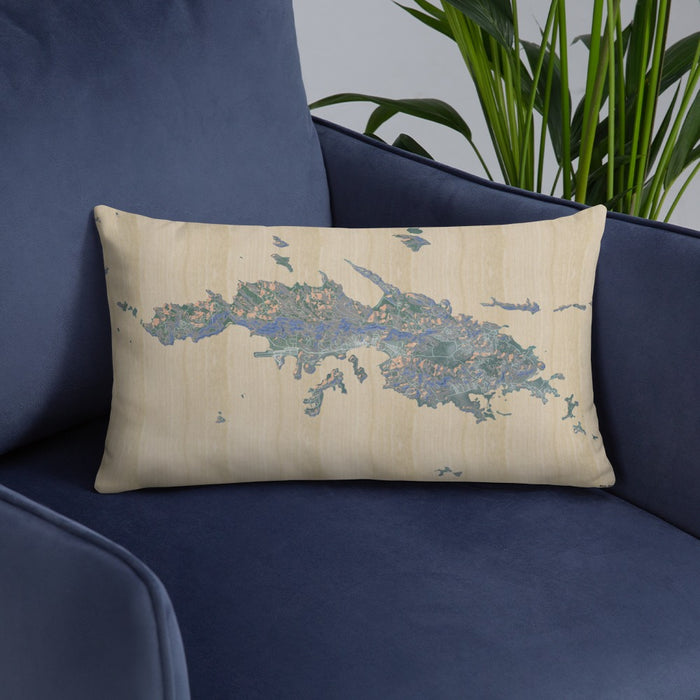 Custom St. Thomas U.S. Virgin Islands Map Throw Pillow in Afternoon on Blue Colored Chair