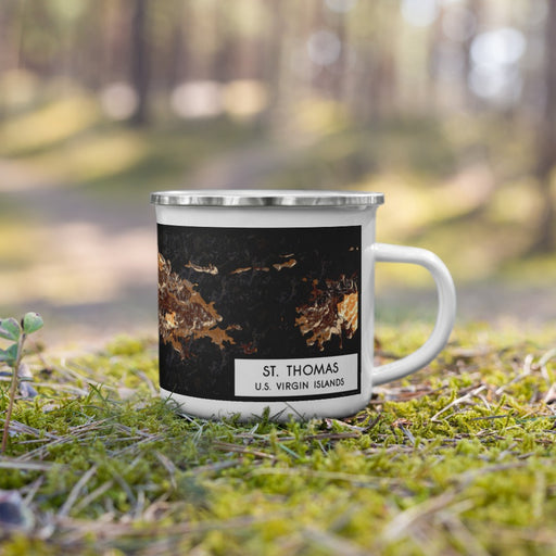 Right View Custom St. Thomas U.S. Virgin Islands Map Enamel Mug in Ember on Grass With Trees in Background