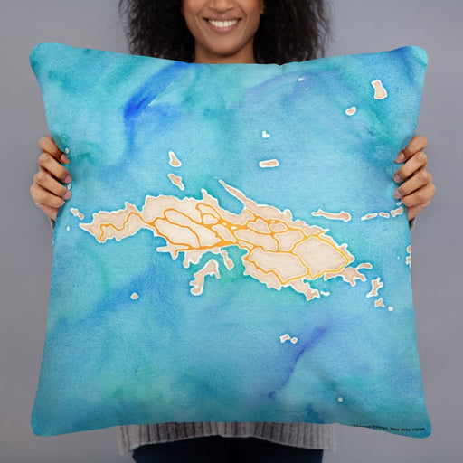 Person holding 22x22 Custom St. Thomas U.S. Virgin Islands Map Throw Pillow in Watercolor