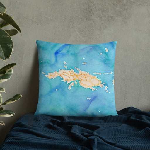 Custom St. Thomas U.S. Virgin Islands Map Throw Pillow in Watercolor on Bedding Against Wall
