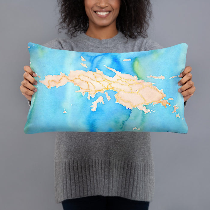 Person holding 20x12 Custom St. Thomas U.S. Virgin Islands Map Throw Pillow in Watercolor