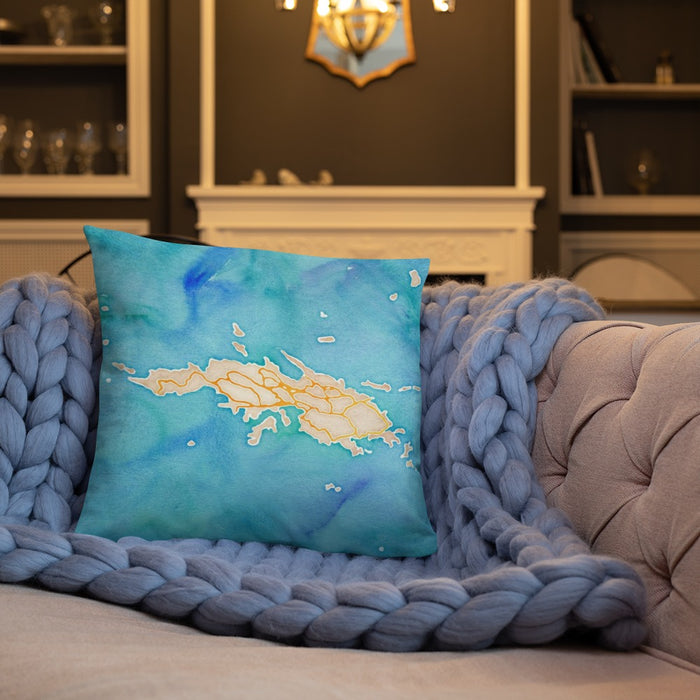 Custom St. Thomas U.S. Virgin Islands Map Throw Pillow in Watercolor on Cream Colored Couch