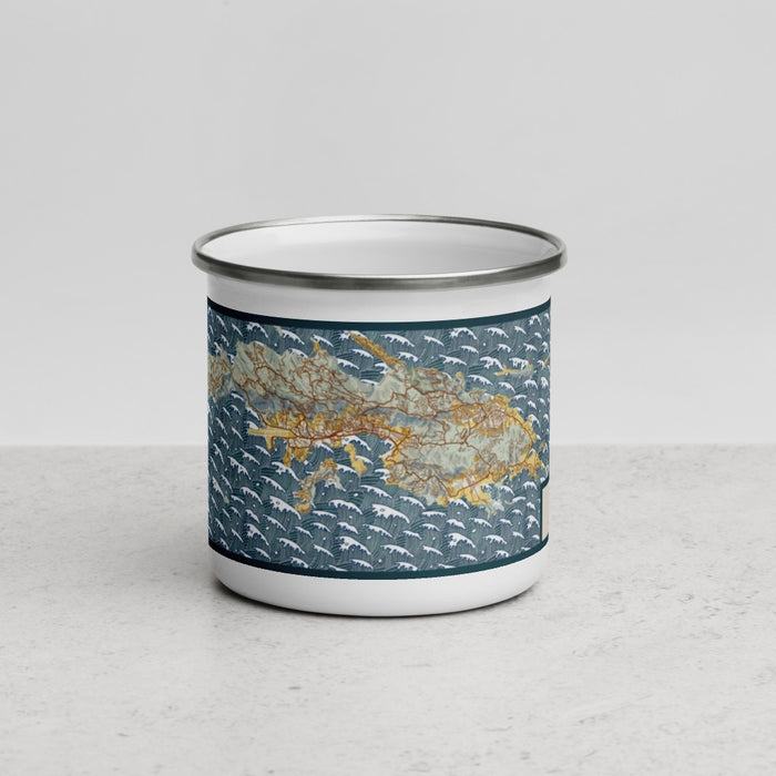 Front View Custom St. Thomas U.S. Virgin Islands Map Enamel Mug in Woodblock