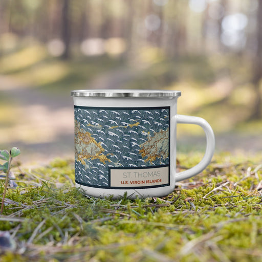 Right View Custom St. Thomas U.S. Virgin Islands Map Enamel Mug in Woodblock on Grass With Trees in Background