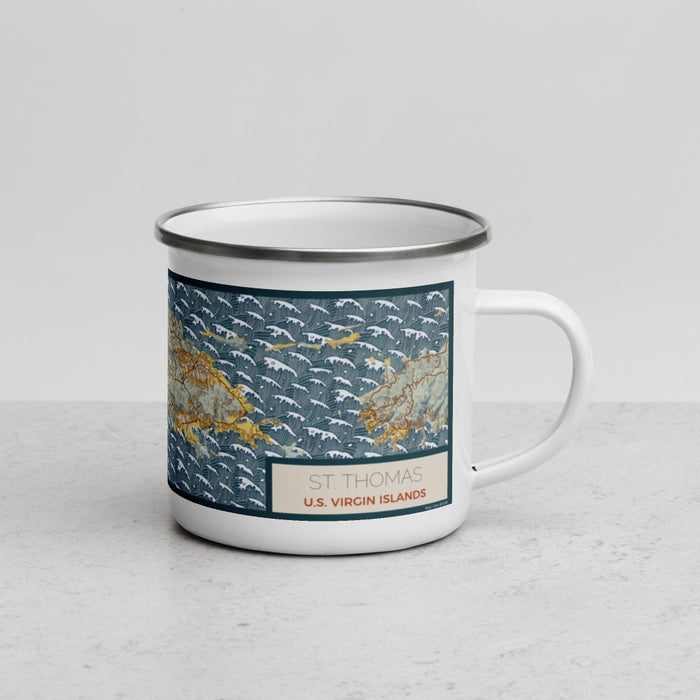 Right View Custom St. Thomas U.S. Virgin Islands Map Enamel Mug in Woodblock
