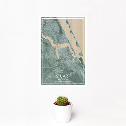 12x18 Stuart Florida Map Print Portrait Orientation in Afternoon Style With Small Cactus Plant in White Planter