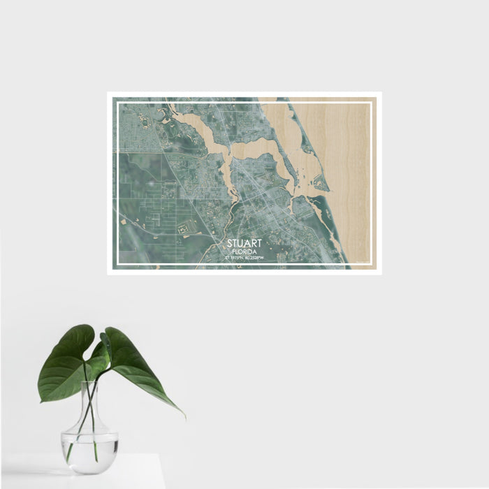 16x24 Stuart Florida Map Print Landscape Orientation in Afternoon Style With Tropical Plant Leaves in Water