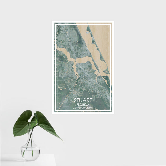 16x24 Stuart Florida Map Print Portrait Orientation in Afternoon Style With Tropical Plant Leaves in Water