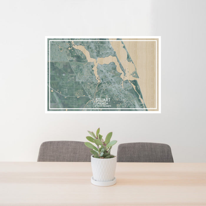 24x36 Stuart Florida Map Print Lanscape Orientation in Afternoon Style Behind 2 Chairs Table and Potted Plant