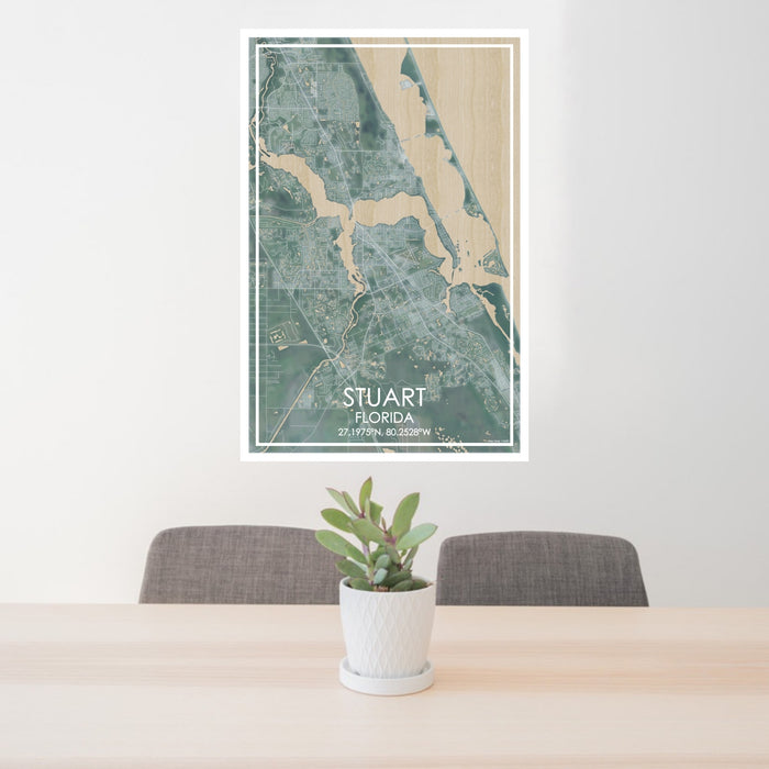 24x36 Stuart Florida Map Print Portrait Orientation in Afternoon Style Behind 2 Chairs Table and Potted Plant