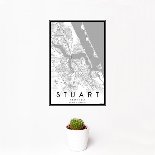 12x18 Stuart Florida Map Print Portrait Orientation in Classic Style With Small Cactus Plant in White Planter