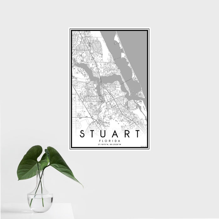 16x24 Stuart Florida Map Print Portrait Orientation in Classic Style With Tropical Plant Leaves in Water