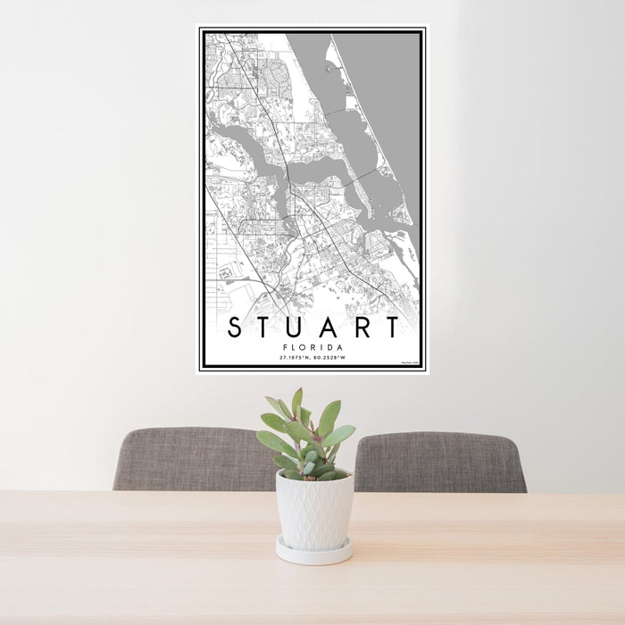 24x36 Stuart Florida Map Print Portrait Orientation in Classic Style Behind 2 Chairs Table and Potted Plant