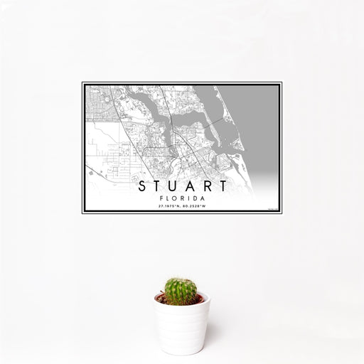 12x18 Stuart Florida Map Print Landscape Orientation in Classic Style With Small Cactus Plant in White Planter
