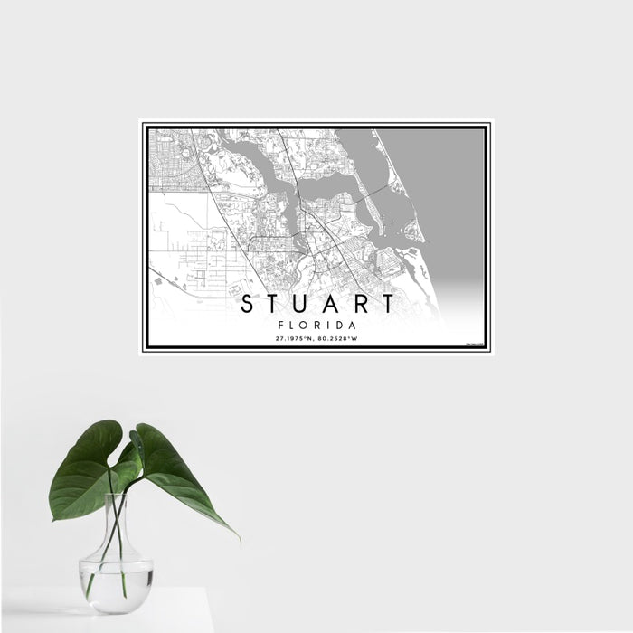 16x24 Stuart Florida Map Print Landscape Orientation in Classic Style With Tropical Plant Leaves in Water