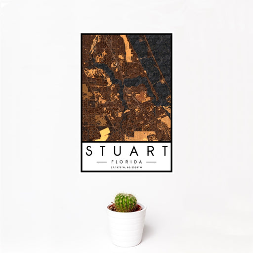 12x18 Stuart Florida Map Print Portrait Orientation in Ember Style With Small Cactus Plant in White Planter