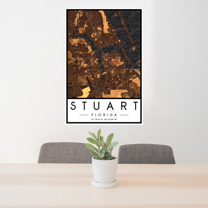 24x36 Stuart Florida Map Print Portrait Orientation in Ember Style Behind 2 Chairs Table and Potted Plant