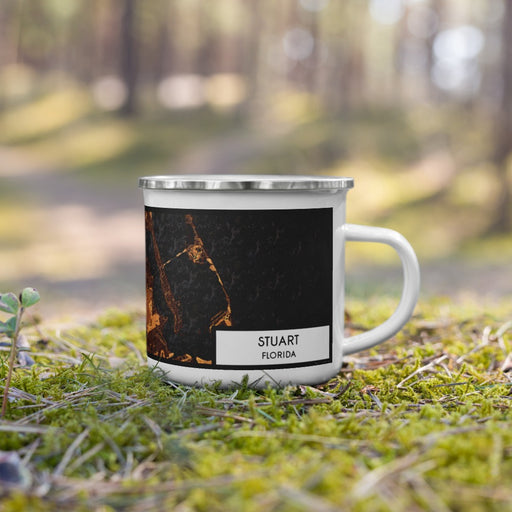 Right View Custom Stuart Florida Map Enamel Mug in Ember on Grass With Trees in Background