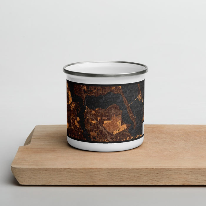 Front View Custom Stuart Florida Map Enamel Mug in Ember on Cutting Board