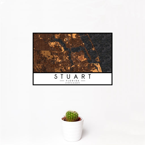 12x18 Stuart Florida Map Print Landscape Orientation in Ember Style With Small Cactus Plant in White Planter