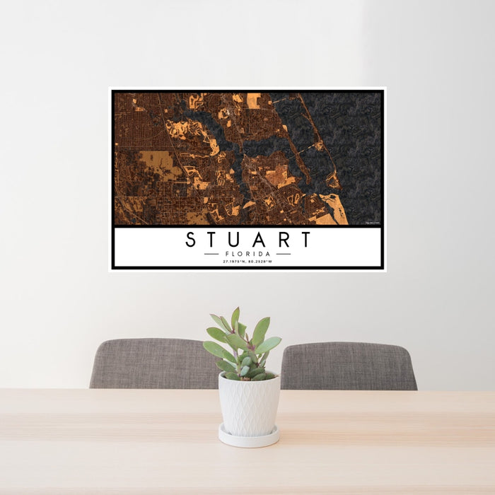 24x36 Stuart Florida Map Print Landscape Orientation in Ember Style Behind 2 Chairs Table and Potted Plant